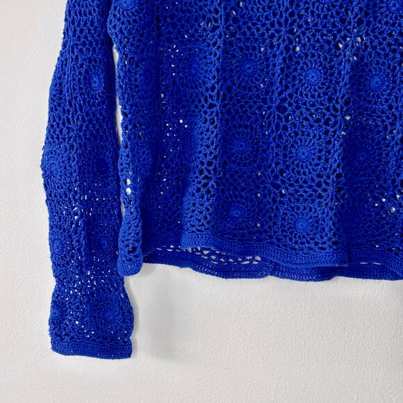 Vintage 1990s Royal Blue Crochet Sweater Haband! Size Large Cotton Blend - Picture 2 of 11